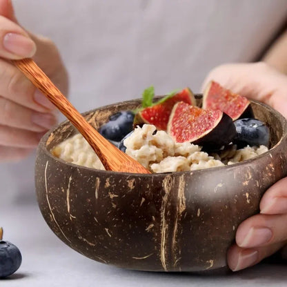 Natural Coconut Bowls with Spoon — Reusable Wooden Tableware for Salad & Yogurt