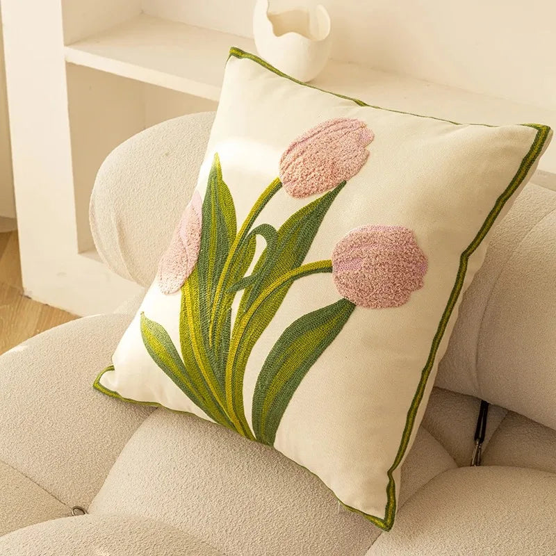 Embroidered Tulip Outdoor Cushion Cover — Cotton Patio Pillow Case