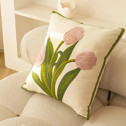 Embroidered Tulip Outdoor Cushion Cover — Cotton Patio Pillow Case