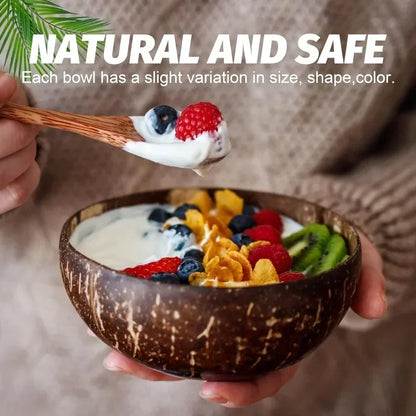 Natural Coconut Bowls with Spoon — Reusable Wooden Tableware for Salad & Yogurt