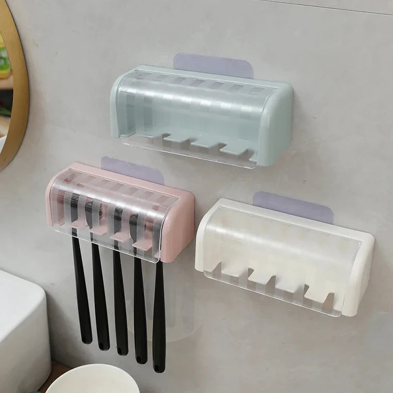 Wall-Mount Toothbrush Holder with Cover — 5 Slots, No Drilling