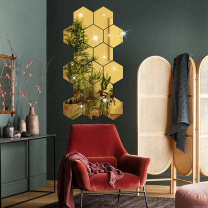 3D Hexagon Mirror Wall Stickers — Rose Gold DIY Home Decor (6/12pcs)