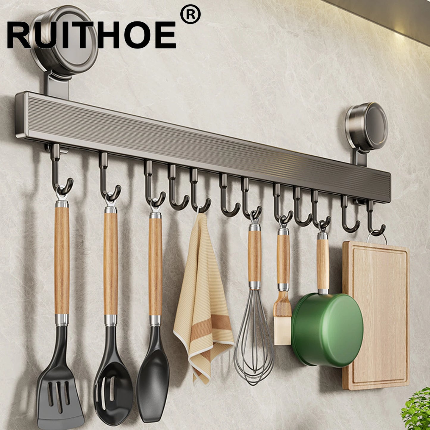 Wall-Mount Kitchen Utensil Rack — No-Drill Rail for Spoons & Tools