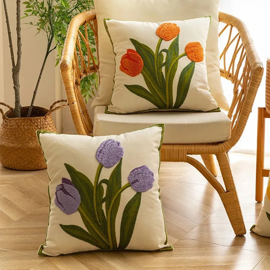 Embroidered Tulip Outdoor Cushion Cover — Cotton Patio Pillow Case