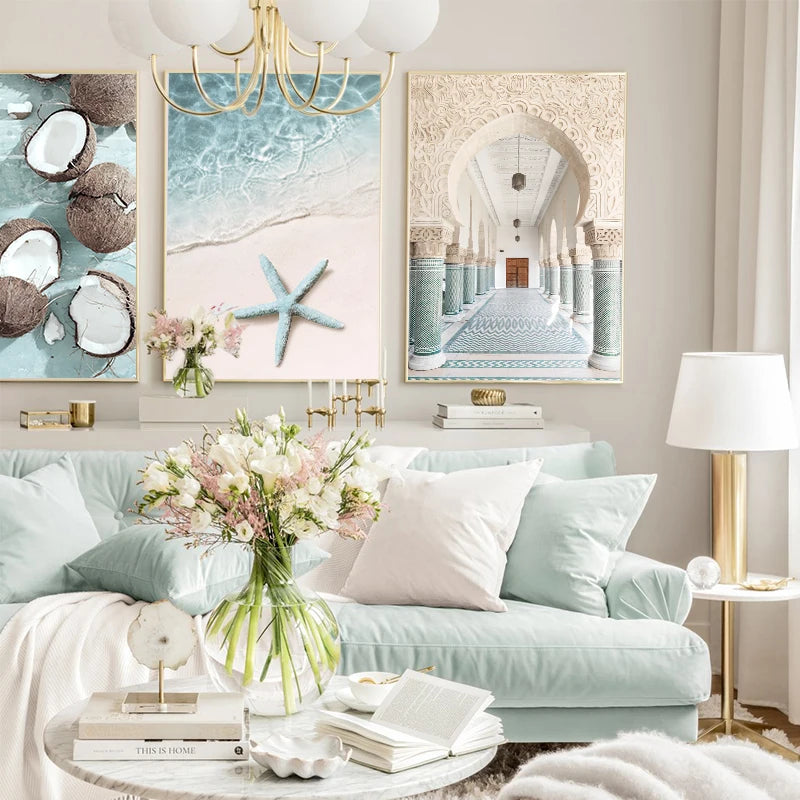 Summer Beach Canvas Wall Art — Nordic Coastal Seashell Print Poster