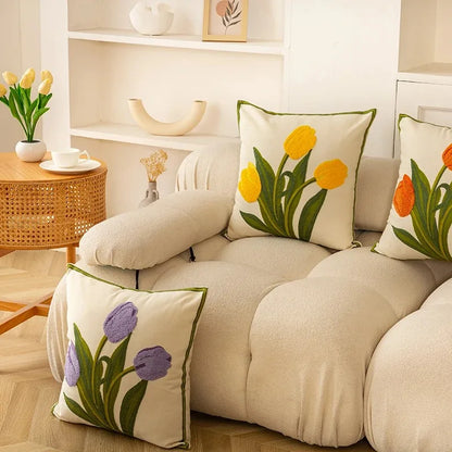 Embroidered Tulip Outdoor Cushion Cover — Cotton Patio Pillow Case